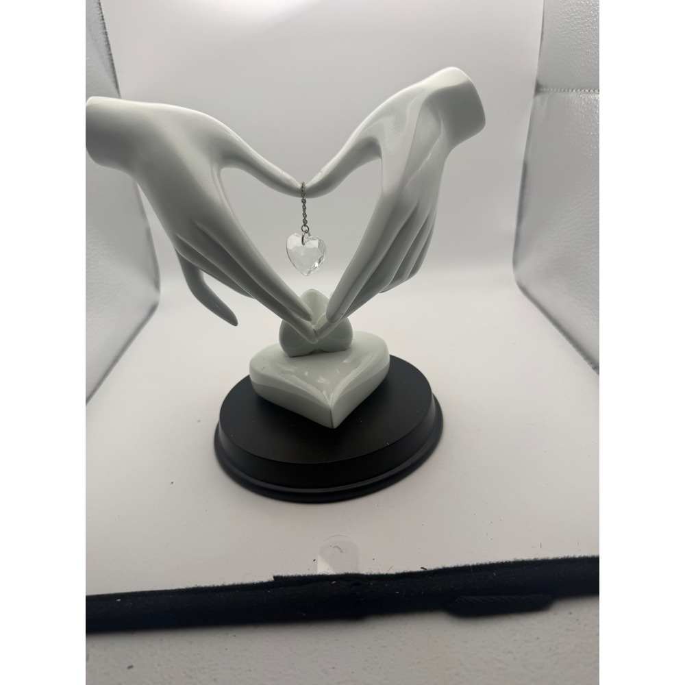 White Ceramic Heart Hands Sculpture with Hanging Crystal Heart Decor 6.5"